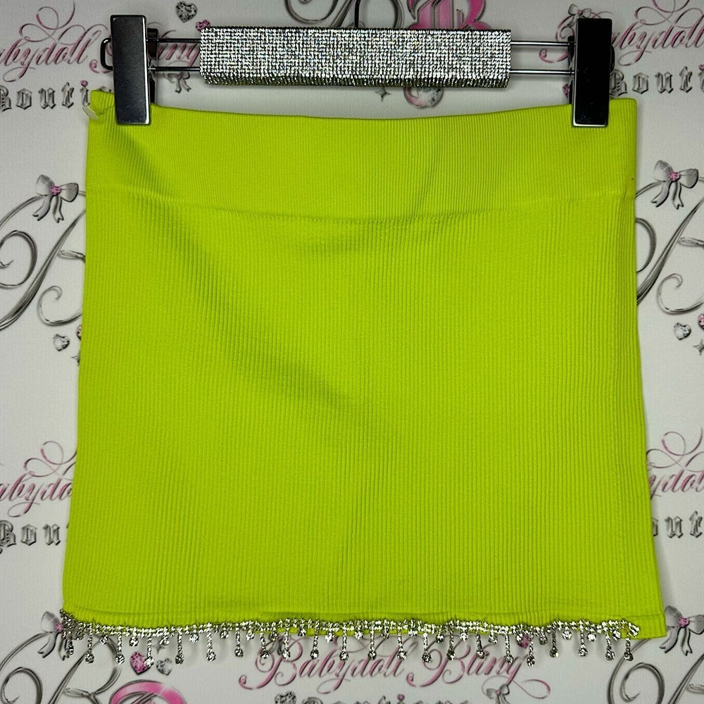 Pretty little things skirt, lime, green rhinestone, bling fringe, stretchy sexy
